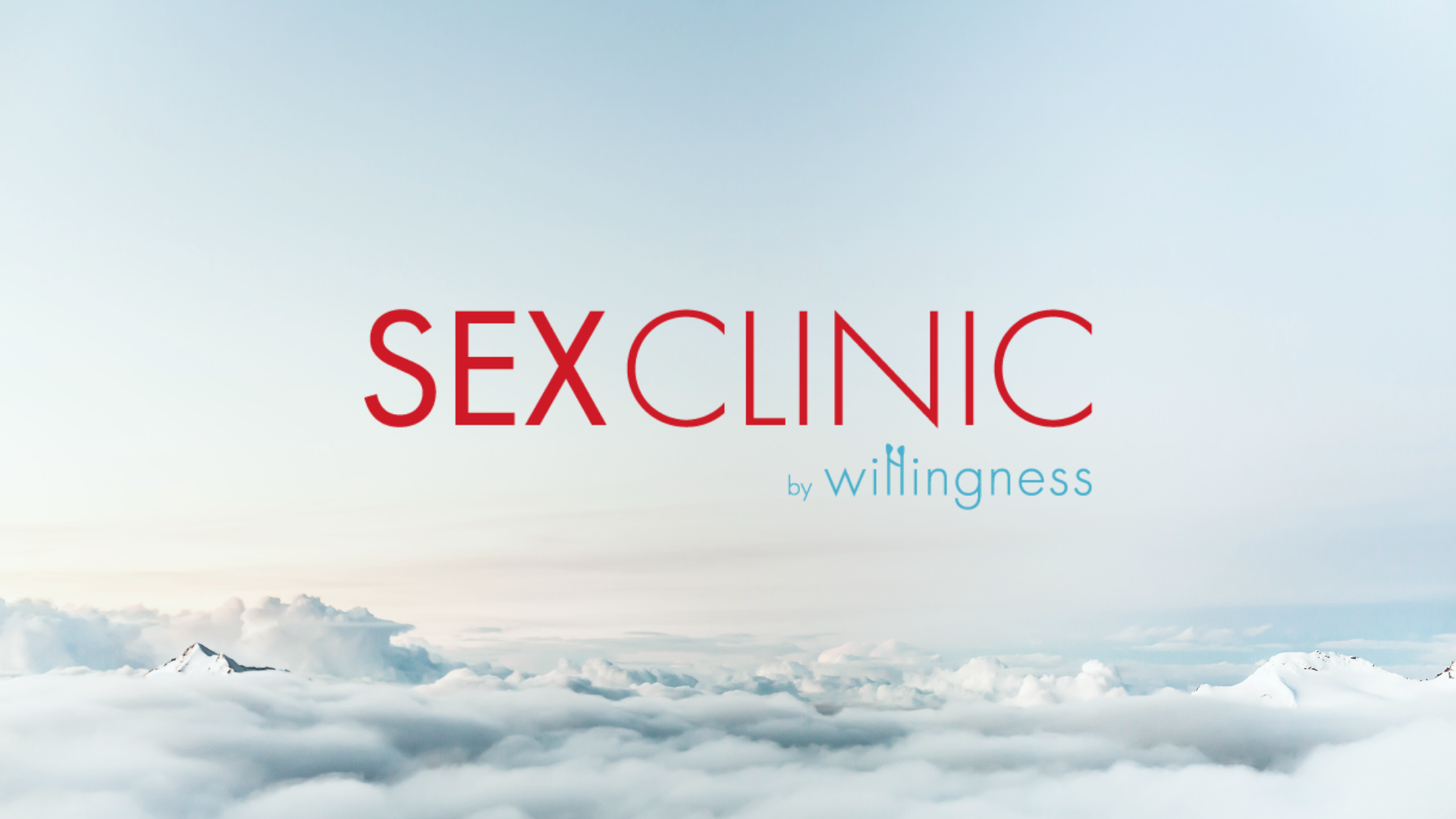 sex clinic logo, a subbrand by Willingness. The background is a blue sky with clouds