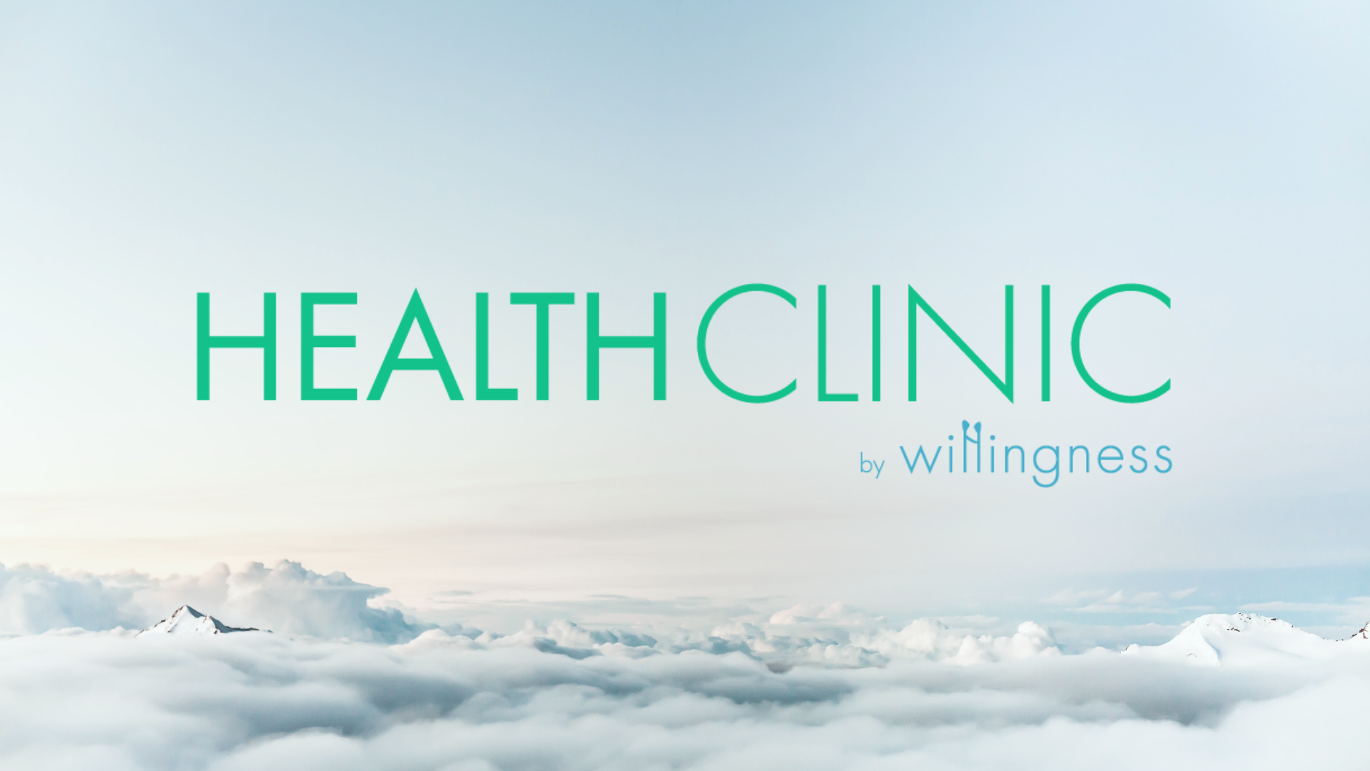 health clinic logo, a subbrand by Willingness. The background is a blue sky with clouds