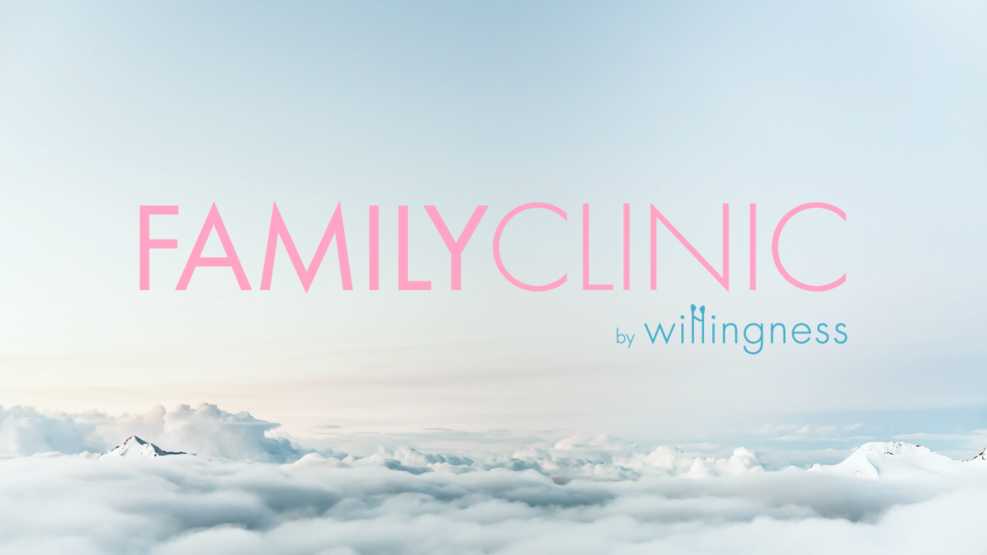 family clinic logo, a subbrand by Willingness. The background is a blue sky with clouds