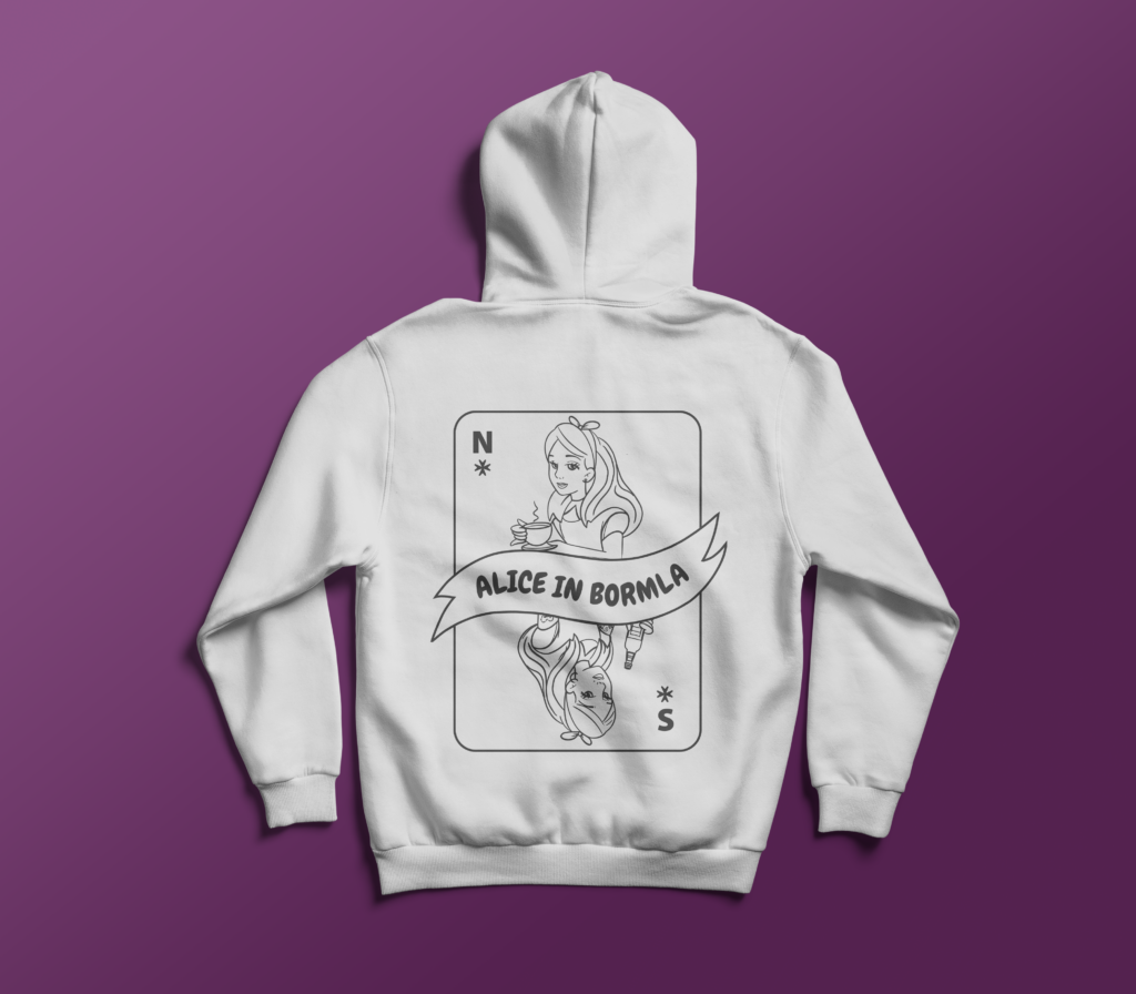 White hoodie featuring an 'Alice in Bormla' playing card