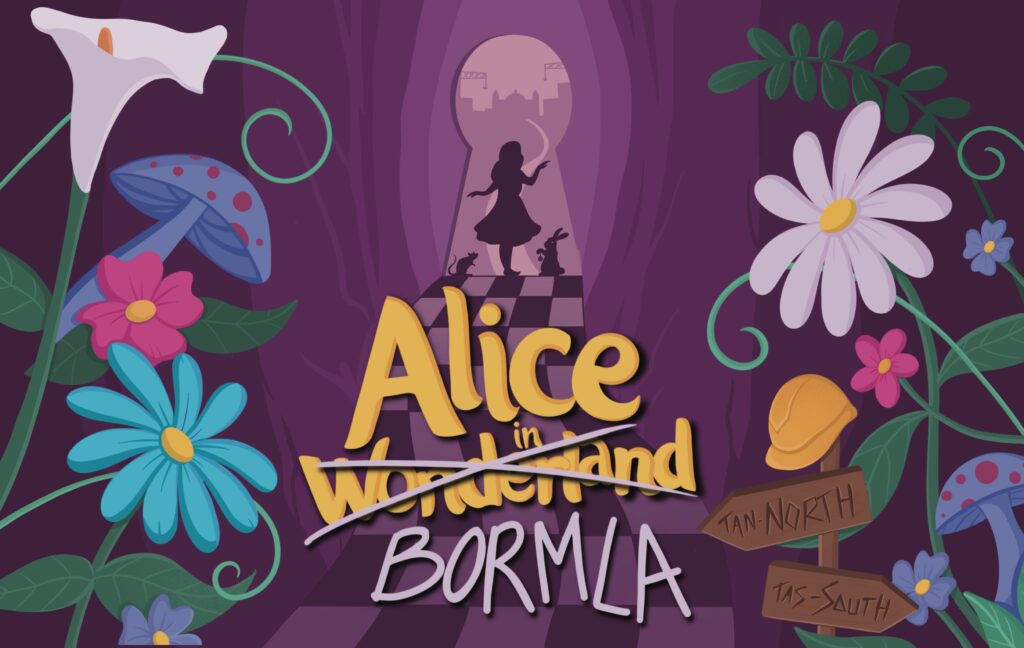 Main artwork for 'Alice in Bormla'. It's set against a purple backdrop with flowers to the left and right of the logo. The logo includes 'Alice in Wonderland', with 'wonderland' crossed out replaced by 'Bormla'. At the bottom right there are also signs pointing at opposite directions 'tan-north' and 'tas-south'