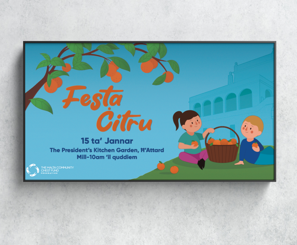 Framed version of Il-Festa Citru artwork. It includes the date and location of the festival, an orange tree, 2 children with an orange basket.