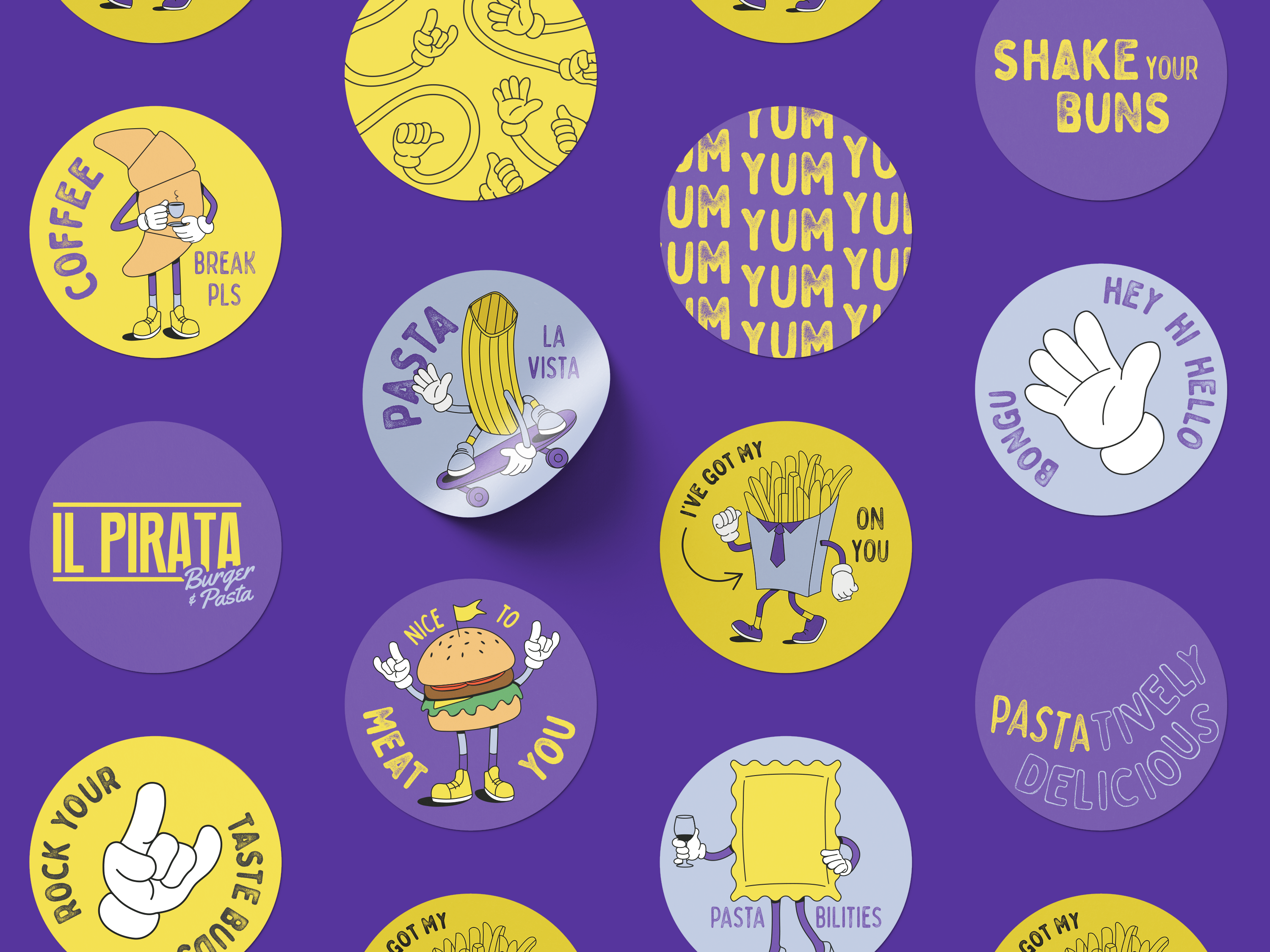 Il Pirata Burger and Pasta stickers featuring characters designed by our creative studio 