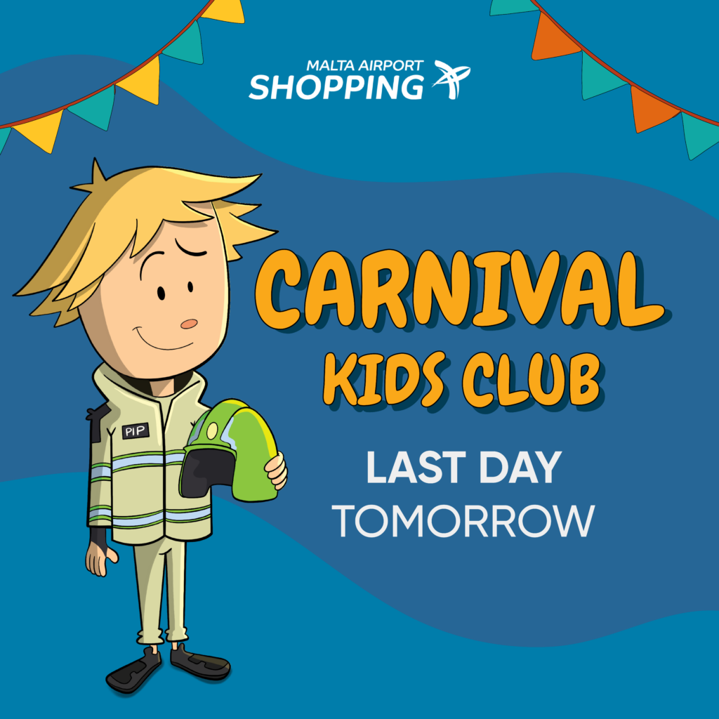 Promotional social media image with text 'carnival kids club last day tomorrow', featuring the character PIP dressed as an astronaut
