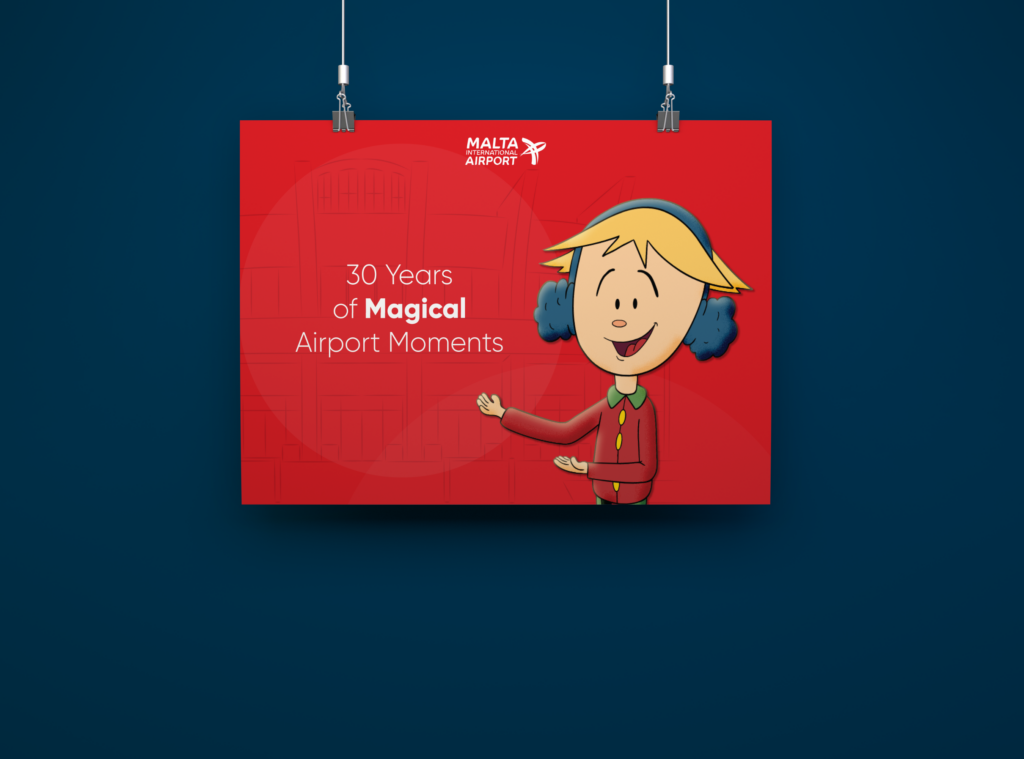 Poster with the slogan '30 years of Magical Airport Moments' featuring PIP, a cartoon blonde boy wearing blue ear muffs