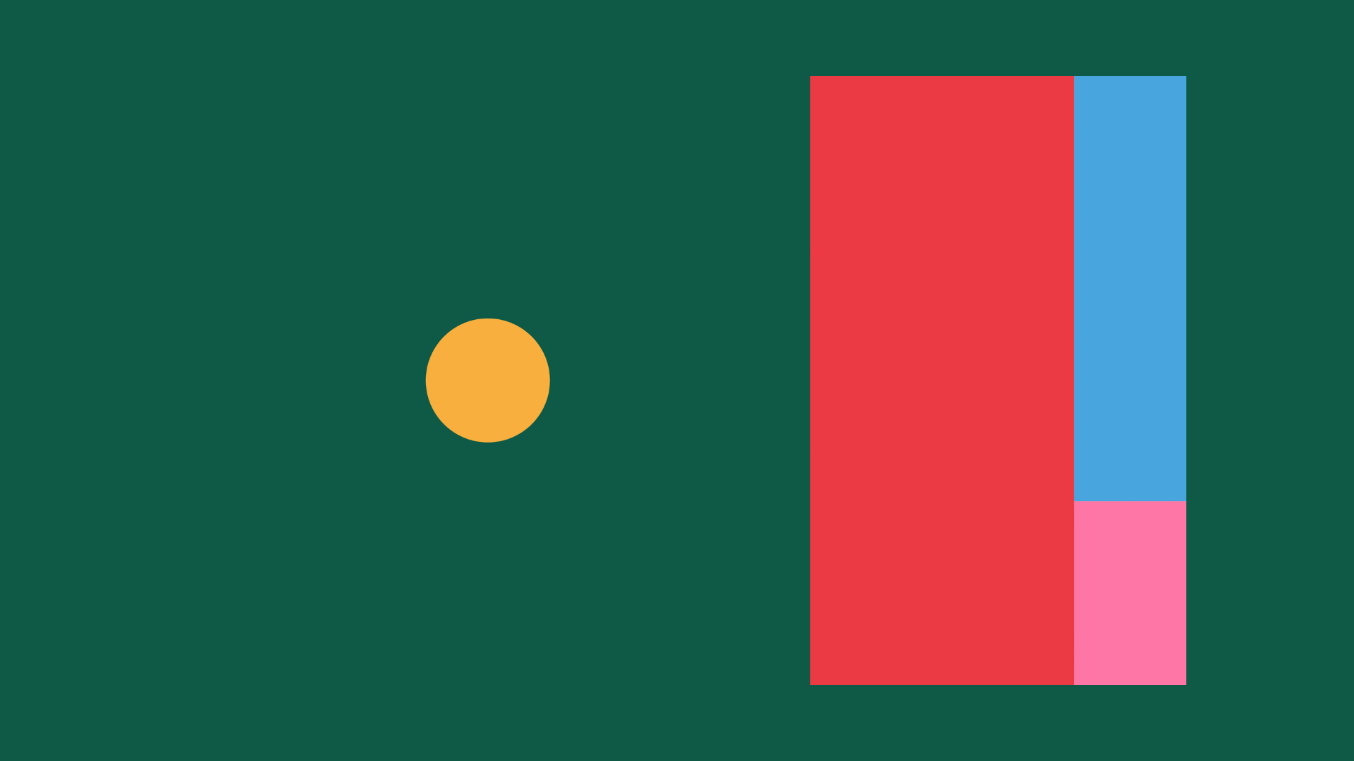 A green background with a yellow dot  and a red, blue, pink rectangle